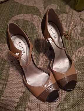 GUESS Two-Tone Tan and Dark Brown Peep-Toe Heels with Ankle Strap